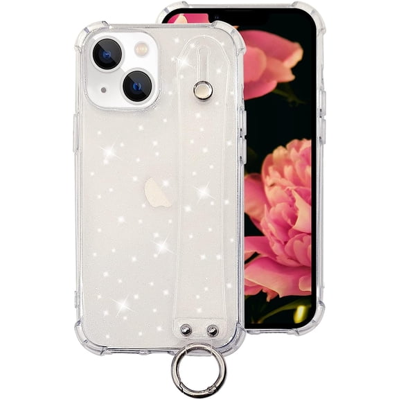 Compatible with iPhone 13 Bling Girly Case, Glitter Candy Color Crystal Clear Cover with Adjustable Hand Finger Strap Kickstand Soft TPU Protective Translucent Phone Case for Women Girl Clear