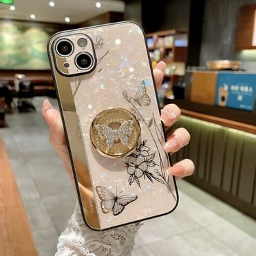 Compatible with iPhone 13 Butterfly Case for Women, Embossed Flower Cute Bling Diamond Luxury Design Kickstand Ring Shockproof Protective Cover for iPhone 13 6.1 inch, Pink