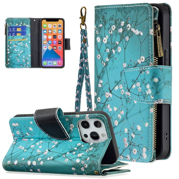 Compatible with iPhone 13 Case 6.1" (2021), Allytech [9 Card Slots] PU Leather Flip Stand Zipper Pocket Magnetic Closure Detachable Hand Lanyard Purse Protectiver Cover, Plum Bossom