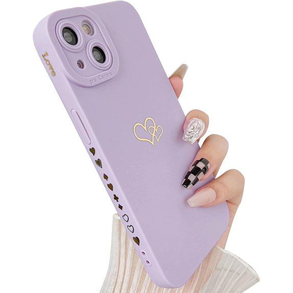 Compatible with iPhone 13 Case (6.1" 2021), Plated Luxury Heart Phone Case Cute Side Small Pattern Soft TPU Shockproof Full Camera Lens Protective Phone Cases for Women Girls-Purple