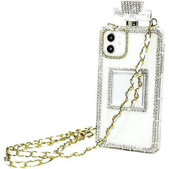 Compatible with iPhone 13 Case 6.1 inch 2021 Released, Perfume Bottle Cover with Necklace Neck Wrist Chain String Luxury Bling 3D Glitter Crystal Diamonds Rhinestone Shell for Apple iPhone 13