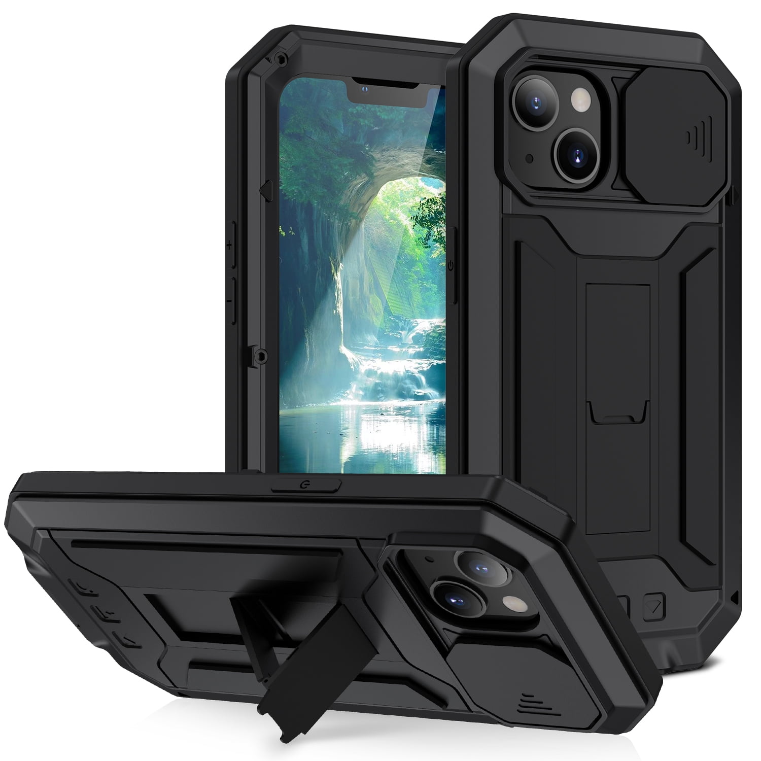 Compatible with iPhone 13 Case with Built-in Glass Screen Protector, Allytech Full Body Shockproof Life Waterproof Kickstand Slide Camera Lens Protective Case for iPhone 13 5G 6.1" 2021, Black