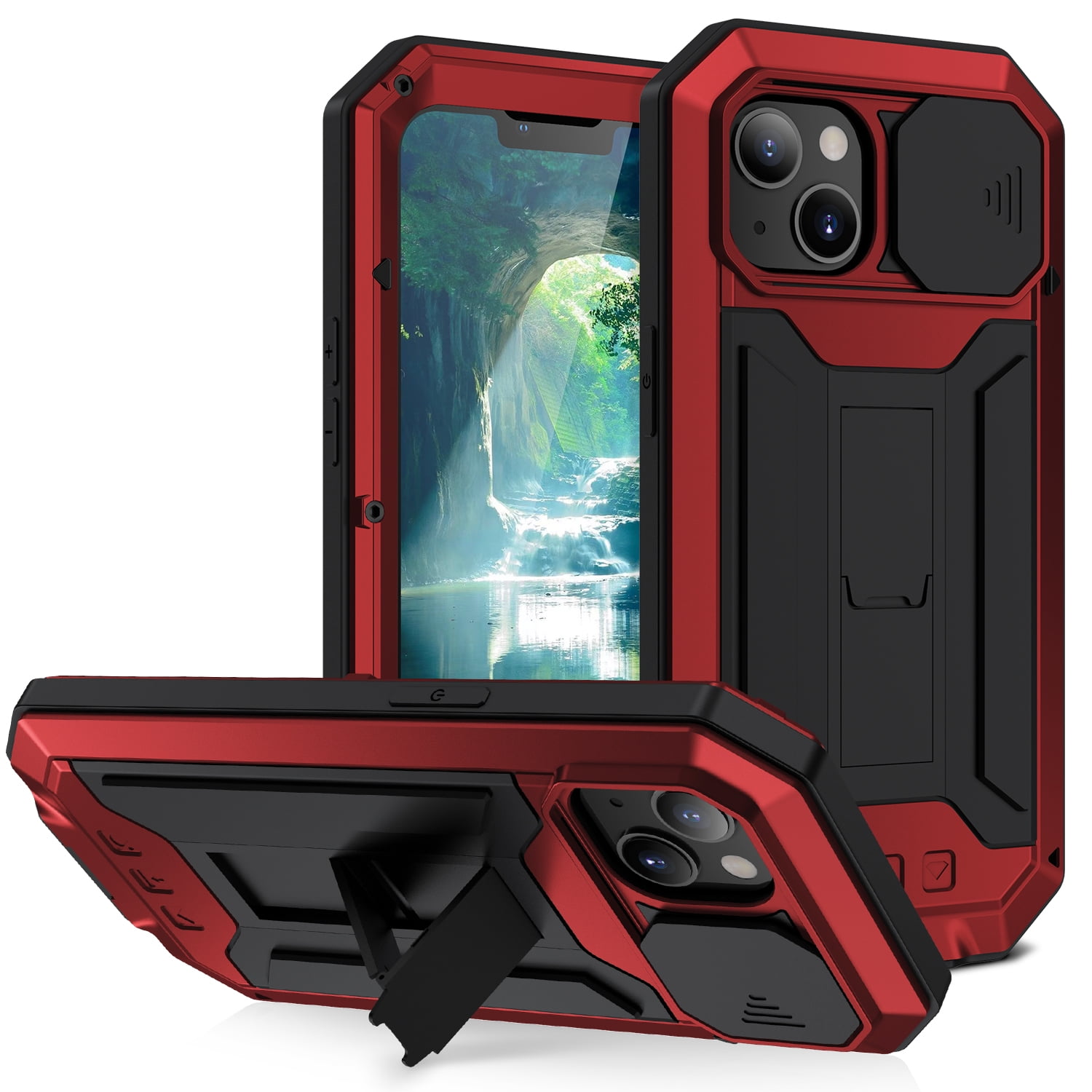 Compatible with iPhone 13 Case with Built-in Glass Screen Protector, Allytech Full Body Shockproof Life Waterproof Kickstand Slide Camera Lens Protective Case for iPhone 13 5G 6.1" 2021, Red