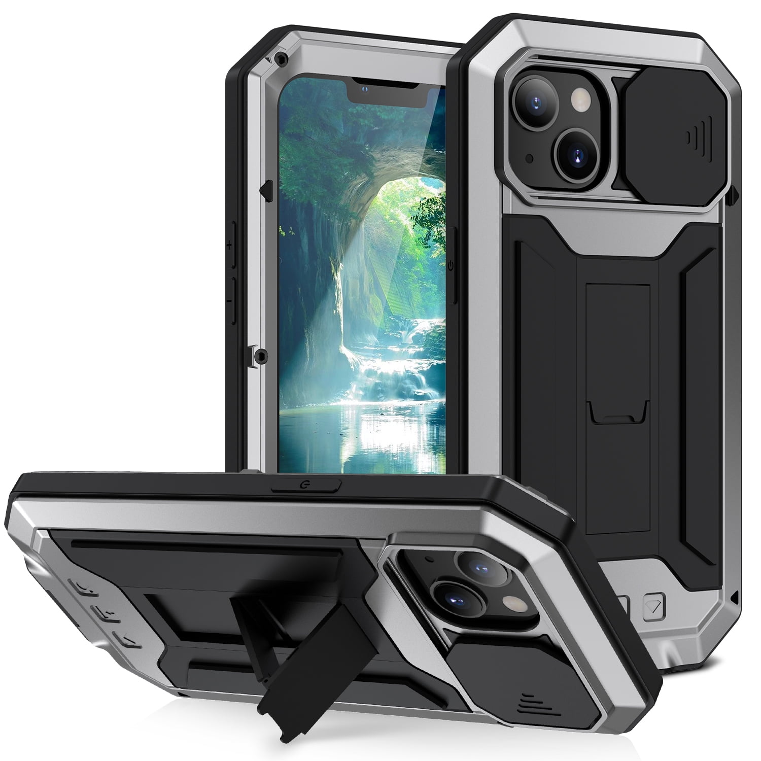 Compatible with iPhone 13 Case with Built-in Glass Screen Protector, Allytech Full Body Shockproof Life Waterproof Kickstand Slide Camera Lens Protective Case for iPhone 13 5G 6.1" 2021, Silver