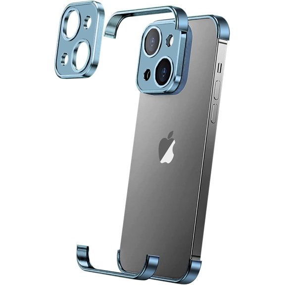Compatible with iPhone 13 Case with Camera Lens Protector, Aluminum Metal Frameless, Borderless Design, Slim Thin & Lightweight, Shockproof Bumper Cover, for Women and Men (Blue)