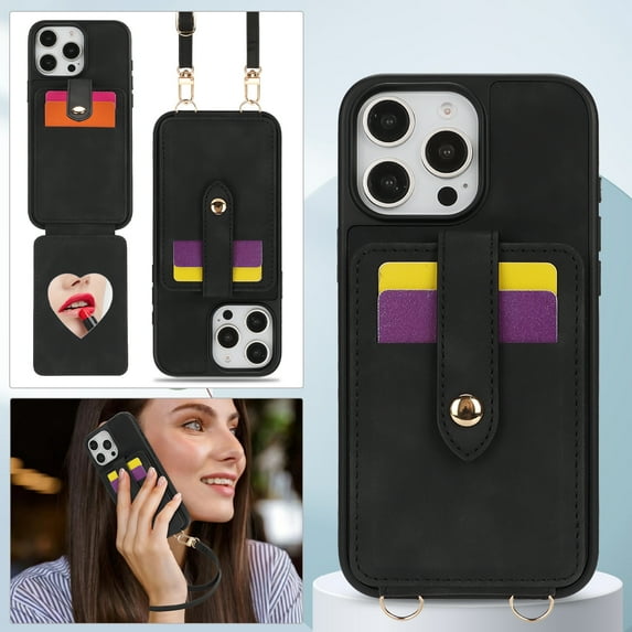 Compatible with iPhone 13 Case with Card Holder, Crossbody Strap, With Mirror,Kickstand,Flip PU Leather Protective Shockproof Anti-fall Phone Cover Case for Women Girls,Black
