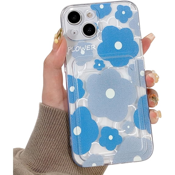 Compatible for iPhone 13 Case Clear with Card Holder, Cute Flower Phone Cover for Women Girl, Protective Soft TPU Shock-Absorbing Wallet Case for iPhone 13-Blue Flower