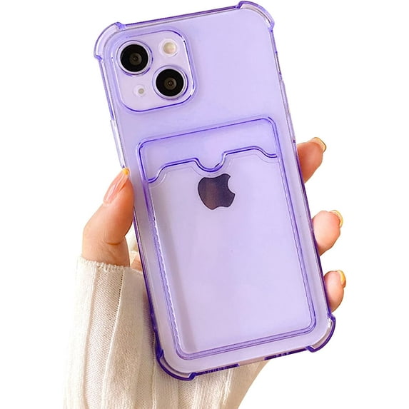 Compatible for iPhone 13 Case Clear with Card Holder, Cute Phone Cover for Women Girl, Protective Soft TPU Shock-Absorbing Wallet Case for iPhone 13-Clear Purple
