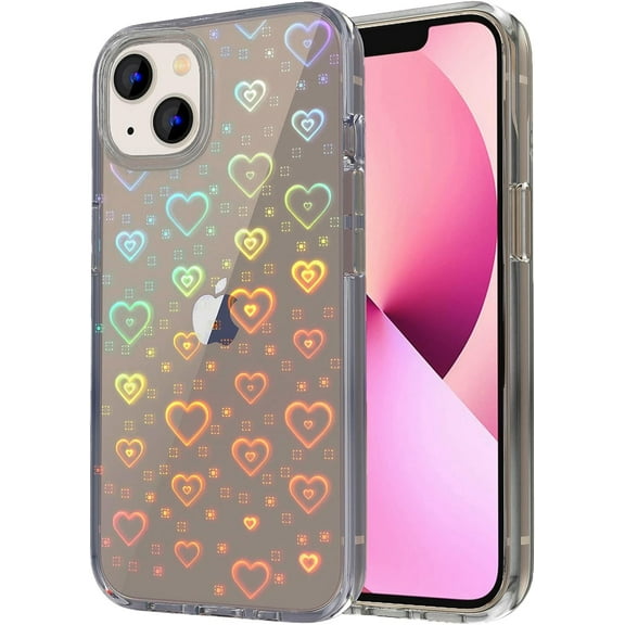 Compatible iPhone 13 Case, Clear Cute Glitter Laser Holographic Love Heart Pattern Design for Women Girls, Anti-Yellow Hard PC Shockproof Protective Phone Cover for iPhone 13, Light Black