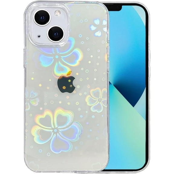 Compatible iPhone 13 Case, Clear Glitter Cute Laser Holographic Floral Pattern Design for Women Girls, Anti-Yellow Hard PC Shockproof Protective Cover for iPhone 13, Rainbow Leaf Flower
