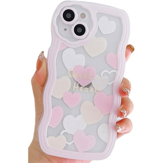 Compatible with iPhone 13 Case Clear with Heart Design for Women Girls,Aesthetic Cute Wavy Soft Shockproof Cell Phone Cover for iPhone 13 6.1 Inch (Light Pink)