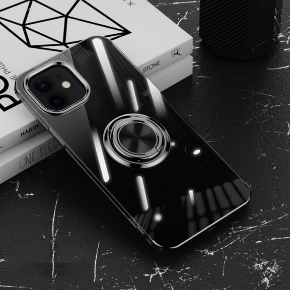 Compatible with iPhone 13 Case Clear Shockproof Silicone Phone Cases with Ring Holder,[Supports Magnetic Car Mount] Magnetic 360 Rotation Kickstand Thin Soft TPU Protective Cover,Black