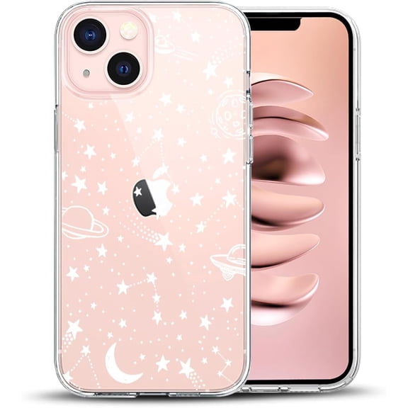 Compatible with iPhone 13 Case, Clear Stars Moon Alien UFO Meteor Universe Space Design Floral Flower Shockproof Protective Bumper Slim Cute Clear Phone Cover for Women Girls 2021 6.1" Cosmos