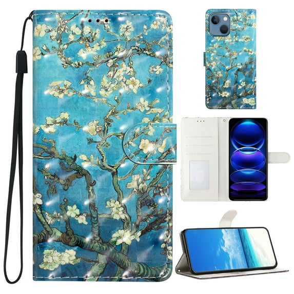 Compatible with iPhone 13 Case, Colored Drawing Wallet Women Girls PU Leather Case with Card Slots/Cash Pocket Wrist Strap Magnetic Flip Stand Book Kickstand Cover, Blue Apricot Flower