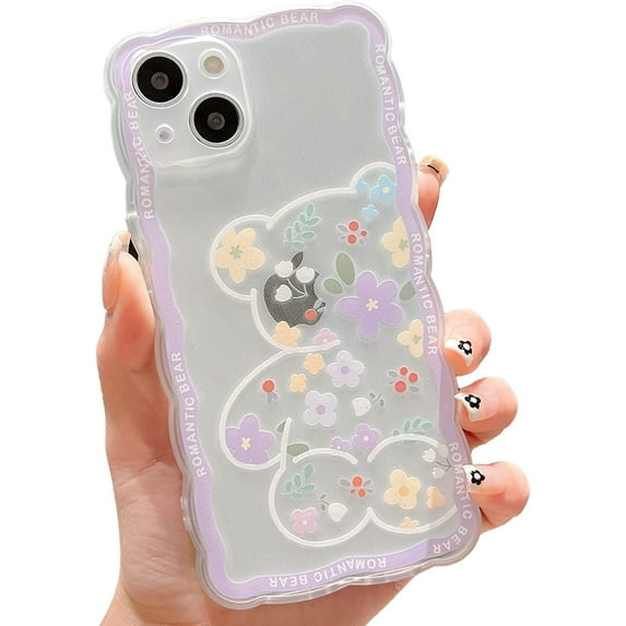 Compatible with iPhone 13 Case Cute Cartoon Floral Bear Design for Women Girls Aesthetic Kawaii Slim Soft TPU Transparent Cover for iPhone 13 6.1 inch-Purple
