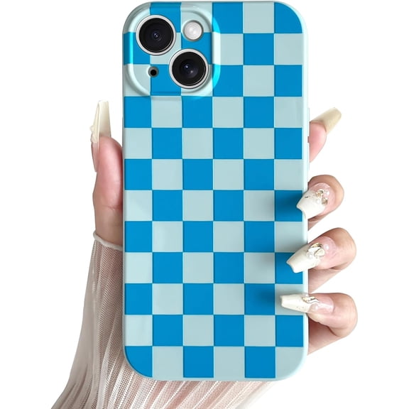Compatible with iPhone 13 Case Cute Checkerboard Checkered Pattern Design Soft Slim TPU Phone Case Shockproof Full Camera Protection for Women Girls - Blue