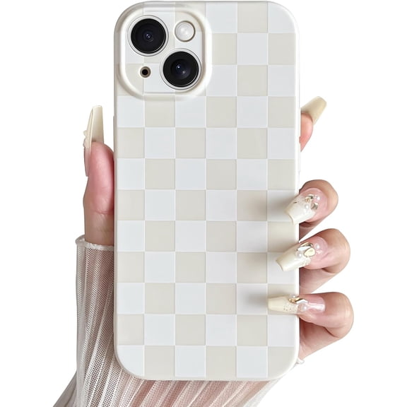 Compatible with iPhone 13 Case Cute Checkerboard Checkered Pattern Design Soft Slim TPU Phone Case Shockproof Full Camera Protection for Women Girls - White