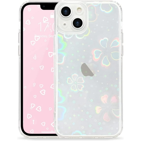 Compatible with iPhone 13 Case Cute Crystal Clear with Laser Bling Glitter Flower Pattern Design for Women Girls Soft TPU Phone Case Shockproof Protective Cover for iPhone 13, Flower