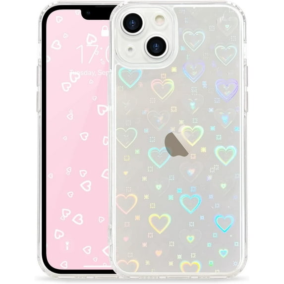 Compatible with iPhone 13 Case Cute Crystal Clear with Laser Bling Glitter Love Heart Pattern Design for Women Girls Soft TPU Phone Case Shockproof Protective Cover for iPhone 13, Love