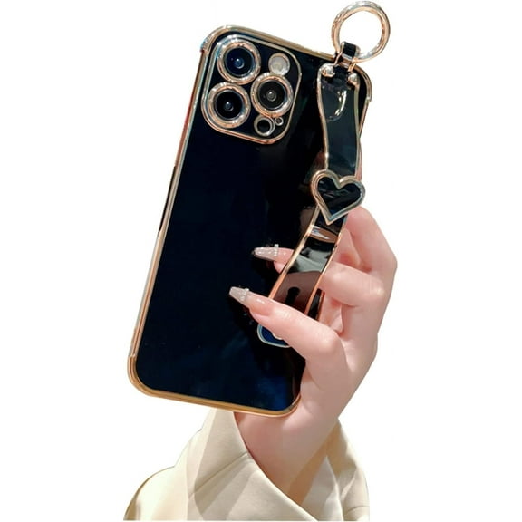 Compatible with iPhone 13 Case for Girl Women, Cute Love-Heart Luxury Bling Plating Silicone Shockproof Phone Case with Wristband Stand for iPhone 13, Black