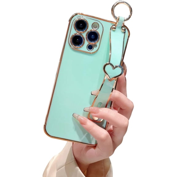 Compatible with iPhone 13 Case for Girl Women, Cute Love-Heart Luxury Bling Plating Silicone Shockproof Phone Case with Wristband Stand for iPhone 13, Green