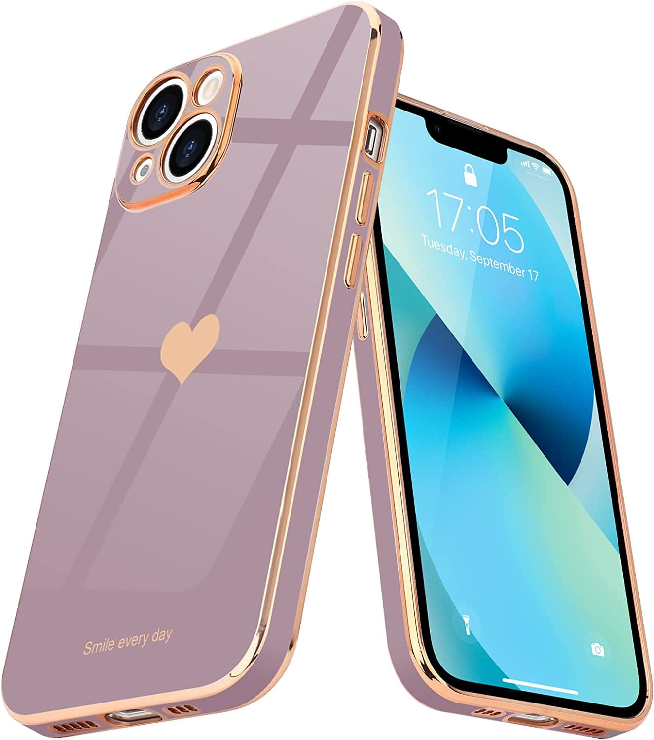 Compatible with iPhone 13 Case for Girl Women Cute Love-Heart Luxury Bling Plating Soft Back Cover Raised Camera Protection Bumper Silicone Shockproof Phone Case for iPhone 13, Lavender