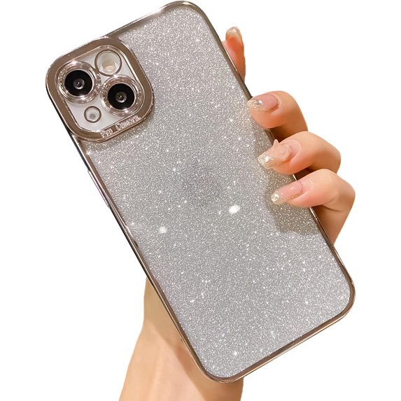 Compatible with iPhone 13 Case Glitter,Luxury Plating Bling Sparkly Shiny Clear Case Camera Protection Design for Women Girly Soft Cover,Silver,6.1 Inch
