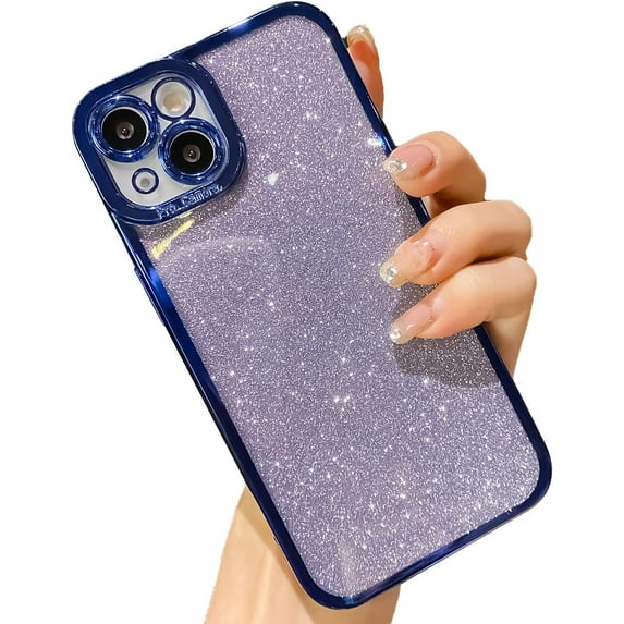 Compatible with iPhone 13 Case Glitter,Luxury Plating Bling Sparkly Shiny Clear Case Camera Protection Design for Women Girly Soft Cover,Navy Blue,6.1 Inch