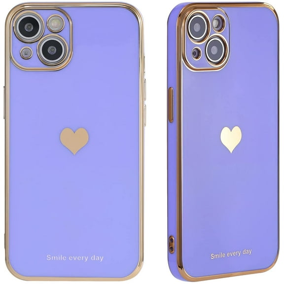 Compatible for iPhone 13 Case, Golden Plating Love Heart Phone Case, Electroplated Soft TPU Shockproof Camera Protective Phone Case for iPhone 13 for Women Girls 6.1 Inch - Purple