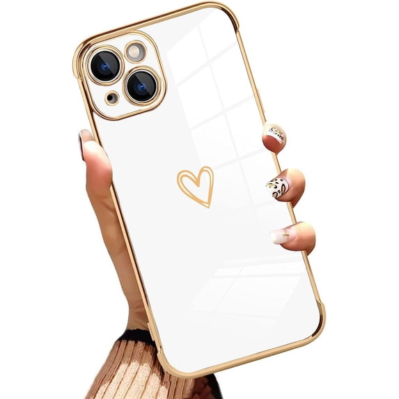 Compatible iPhone 13 Case Heart Design Plating White Cover Shockproof Protection Anti-Scratch Soft TPU Wireless Charging Slim Case for iPhone 13 - White