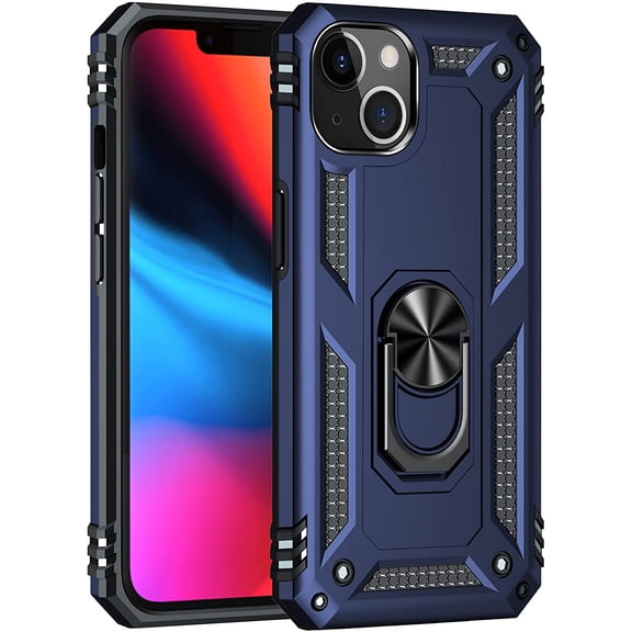 Compatible with iPhone 13 Case Heavy Duty Rugged Full Body Proof Shockproof Screen Camera Protection Built-in 360 Ring Kickstand Military Hard Back Cover for Men Women Blue