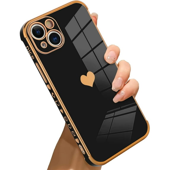 Compatible with iPhone 13 Case Love Heart Plating Electroplate Luxury Elegant Case Camera Protector Soft TPU Shockproof Protective Corner Back Cover iPhone 13 Case -Black