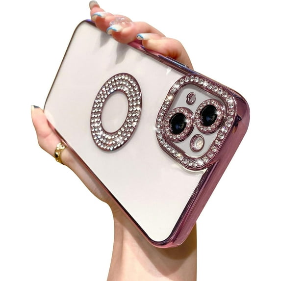 Compatible for iPhone 13 Case with Luxury Clear Plating Logo View Glitter Cute Diamond Sparkly Design Aesthetic Women Teen Girls Phone Cases Bling Camera Protective Cover-Rose Gold