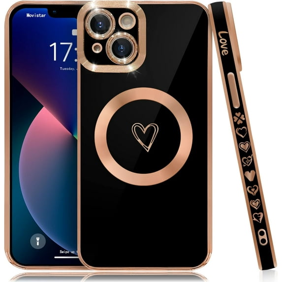 Compatible with iPhone 13 Case Magsafe, Cute Heart Pattern Luxury Plating Full Camera Lens Protection Magnetic Case for iPhone 13 for Women Girl-Black