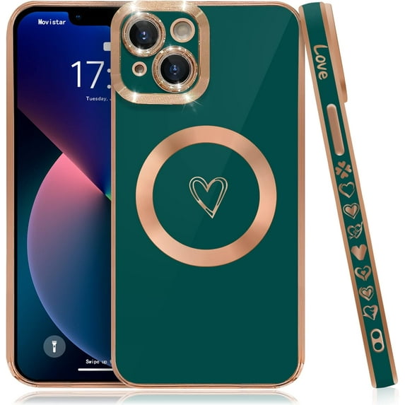 Compatible with iPhone 13 Case Magsafe, Cute Heart Pattern Luxury Plating Full Camera Lens Protection Magnetic Case for iPhone 13 for Women Girl-Green