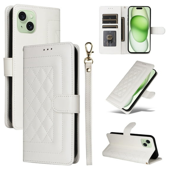 Compatible with iPhone 13 Case, Premium Leather iPhone 13 Wallet Book Case Magnetic Flip RFID Blocking Credit Card Holder Kickstand with Wrist Strap Shock Absorbing Case, White