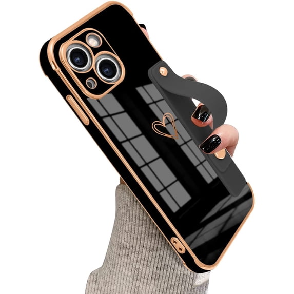 Compatible with iPhone 13 Case Thin for Women Girls,Soft TPU Plating Bumper Wristband Holder Bling Phone Case Slim Anti-Scratch Shockproof Love Heart Cute Case Cover(Elegant Black)