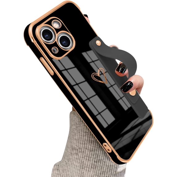 Compatible with iPhone 13 Case Thin for Women Girls,Soft TPU Plating Bumper Wristband Holder Bling Phone Case Slim Anti-Scratch Shockproof Love Heart Cute Case Cover(Elegant Black)