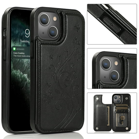 Compatible with iPhone 13 Case Wallet with Card Holder,Embossed Butterfly Pattern PU Leather Double Magnetic Buttons Flip Shockproof Protective Cover for iPhone 13 6.1 Inch, Black