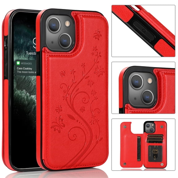 Compatible with iPhone 13 Case Wallet with Card Holder,Embossed Butterfly Pattern PU Leather Double Magnetic Buttons Flip Shockproof Protective Cover for iPhone 13 6.1 Inch, Red