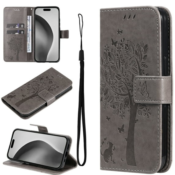 Compatible with iPhone 13 Case Wallet Case with Kickstand Credit Card Holder Slots Cute Cat Butterfly & Tree Embossed Premium PU Leather Protective Phone Case with Wrist Strap,Gray