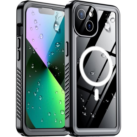 Compatible with iPhone 13 Case Waterproof, Built-in Screen & Camera Protector IP68 Underwater Full Body 13FT Military Dropproof Shockproof Phone Case 6.1"-Black/Clear-Mag
