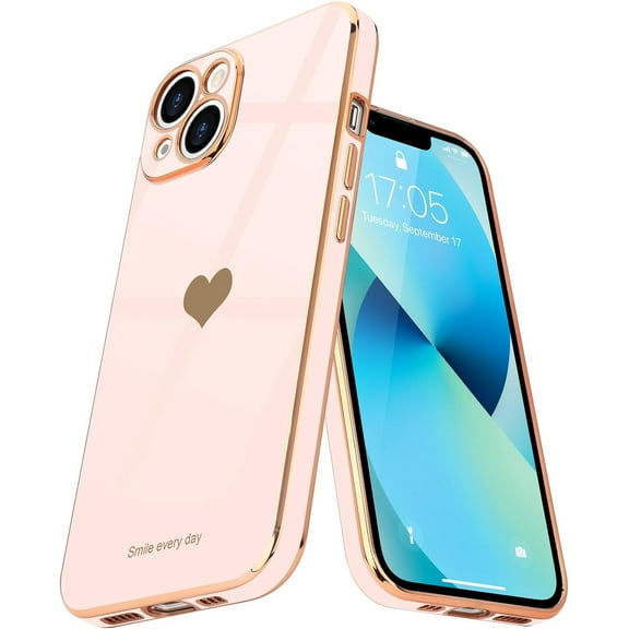 Compatible with iPhone 13 Case for Women Girl Cute Love-Heart Luxury Bling Plating Soft Back Cover Raised Full Camera Protection Bumper Silicone Shockproof Phone Case for iPhone 13, Light Pink