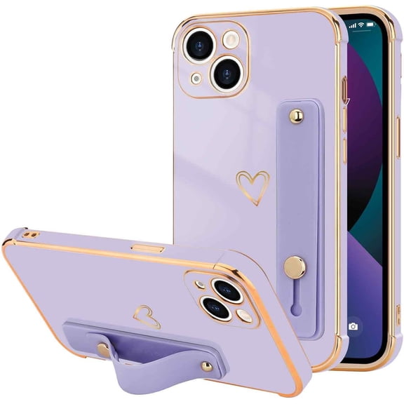 Compatible with iPhone 13 Case for Women Girls, Bling Luxury Plated Bumper with Cute Love-Heart Design, Adjustable Hand Strap Stand, Raised Edges Shockproof Protection for iPhone 13 - Purple