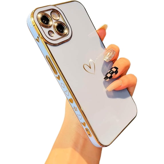 Compatible with iPhone 13 Case for Women Girls, Cute Gold Plating Love Heart Phone Case, Shockproof Full Camera Lens Protection Phone Cases for iPhone 13-6.1'' Light Blue