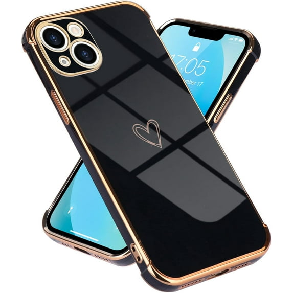 Compatible with iPhone 13 Case for Women Girls, Cute Heart Design with Luxury Plating Bumper, Soft TPU Shockproof Back Cover with Full Camera Protection for iPhone 13 Phone Case, Black