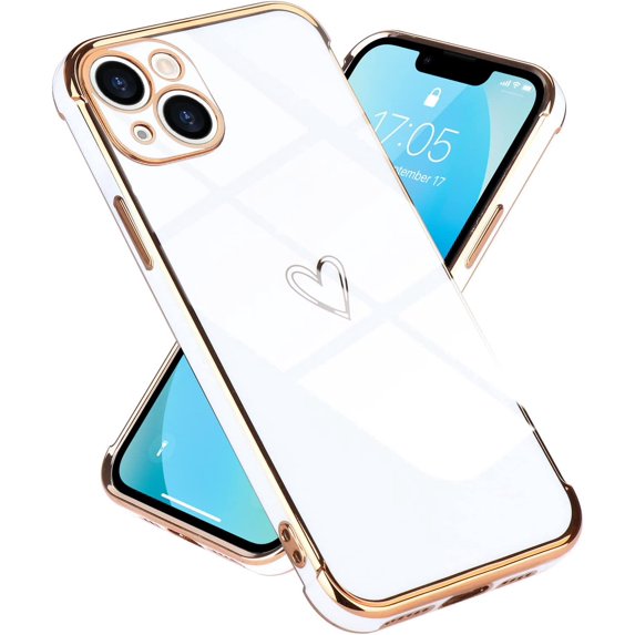 Compatible with iPhone 13 Case for Women Girls, Cute Heart Design with Luxury Plating Bumper, Soft TPU Shockproof Back Cover with Full Camera Protection for iPhone 13 Phone Case, White