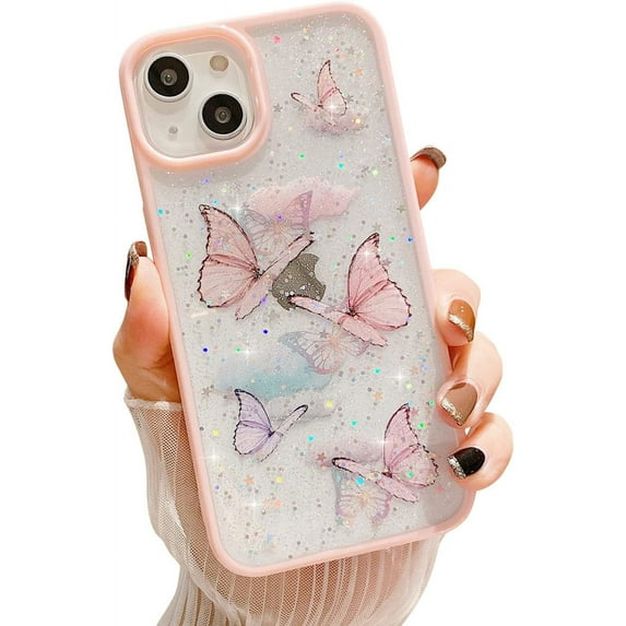 Compatible with iPhone 13 Case for Women Girls,Soft Slim Fit Full-Around Protective Cute Clear Sparkly Bling Star Butterfly Pattern Phone Case Glitter Cover for iPhone 13(6.1")- Pink