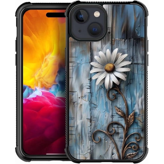 Compatible with iPhone 13 Case, Wood Grain Daisy Flowers Case for Case for Men Woman, Anti-Scratch Soft TPU Shockproof Unique Protective Cover Pattern Design