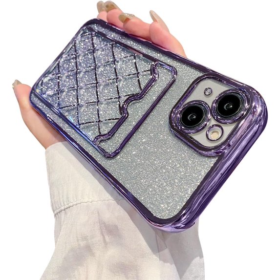 Compatible with iPhone 13 Case/iPhone 14 Case with Card Holder Luxury Glitter Cute Plating Clear Rhombus Design Aesthetic Women Girls Phone Cases Protection Shockproof Cover-Black